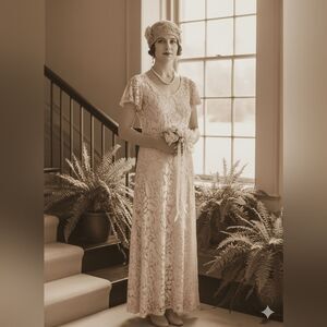 1930s–40s Lace Wedding Dress & Silk Slip Ensemble